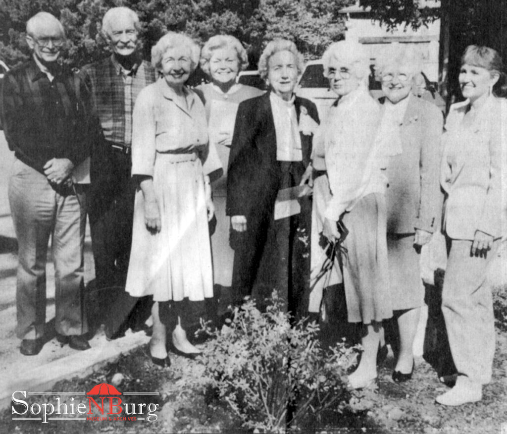 Caption: Special guests at the Dittlinger Rose Dedication at the Dittlinger Memorial Library, April 1993. L-R: Bill Schumann, County Agent; Hippolyt Mengden, a Dittlinger grandson; Maria Liebscher, Dittlinger granddaughter; Christine Brown, who donated the roses; Ethel Canion; and Sue Ragusa.