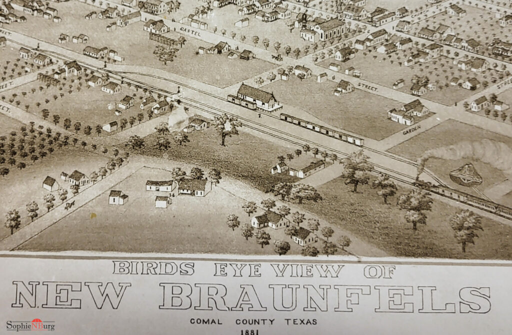 Photo caption: Detail of 1881 Birds Eye View. A newspaper reporter in Augustus Koch's time wrote that Koch's maps depicted "every street, block, railroad track, switch and turn-table, every bridge, tree, and barn, in fact every object that would strike the eye of a man up a little way in a balloon."