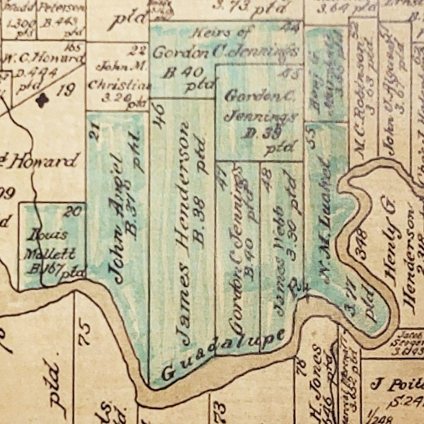 Photo Caption: Portion of an 1874 Comal County Land Grant map. Highlighted are the land surveys making up the Rancho Comal in the 1870s.