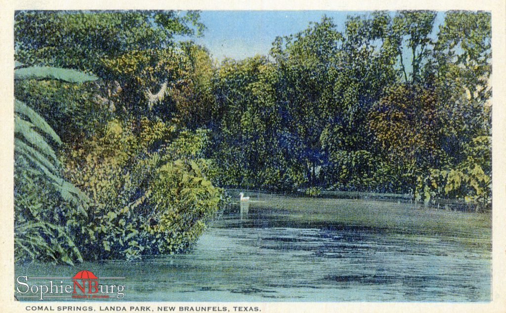 Photo Caption: A 1920s white-border postcard of Landa Park. This is one of the early colored postcards in the Sophienburg Collection.
