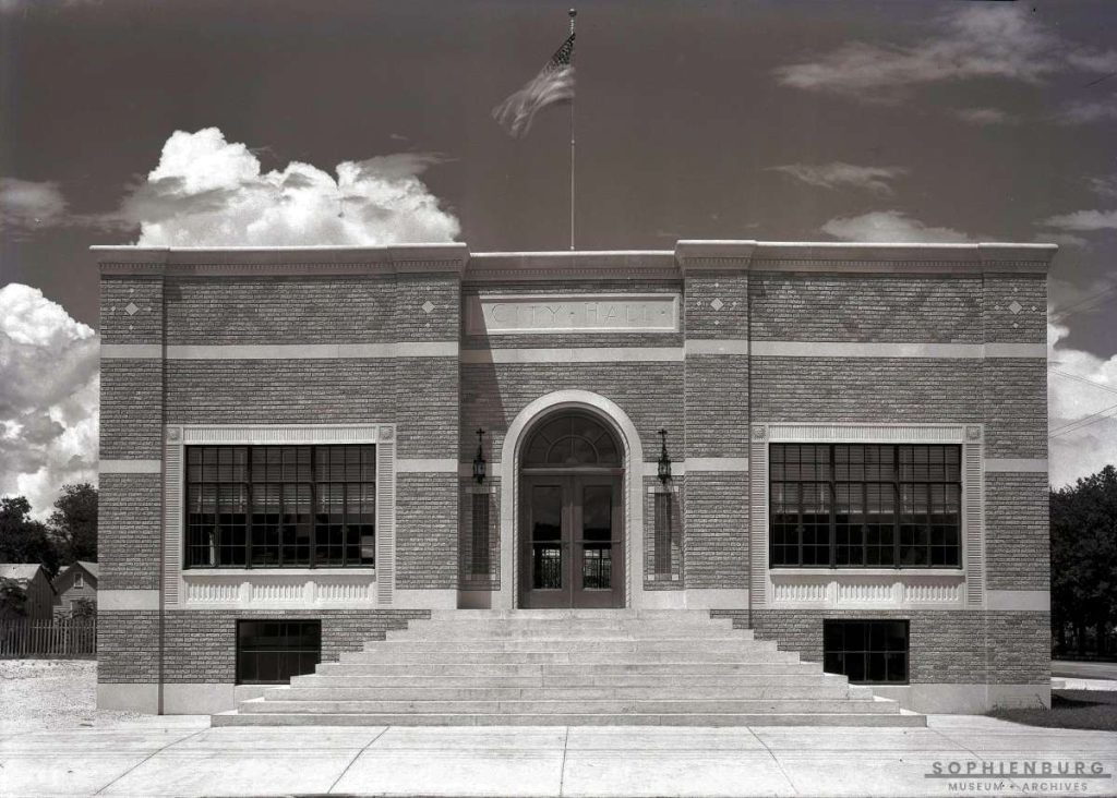 PHOTO CAPTION: New Braunfels City Hall at corner of Seguin Avenue and Mill Street, July 1930.