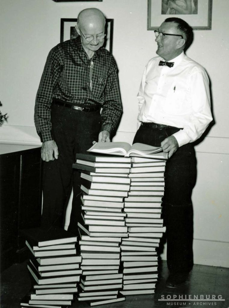 Photo Caption: Oscar Haas and Curt Schmidt paging through donated copies of the Solms-Braunfels Archives in the 1970s. These volumes are part of The Sophienburg’s collection on German immigration in the 19th century which includes ship lists, maps, diaries and other printed and manuscript materials. (Photo: 03342-85A)