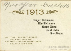 Captions: Three 1913 New Year’s Caller cards given to Emma Roth Wille who was a friend of both Kola Zipp and Erna Rhode. Note that the names on the cards are some of the men the women talk about in their recorded stories. Emma Roth married one of her callers — the destined to be Dr. Carl Wille. His name is the last name on the bottom of the plain card. New Year’s Day Calling worked for this couple!