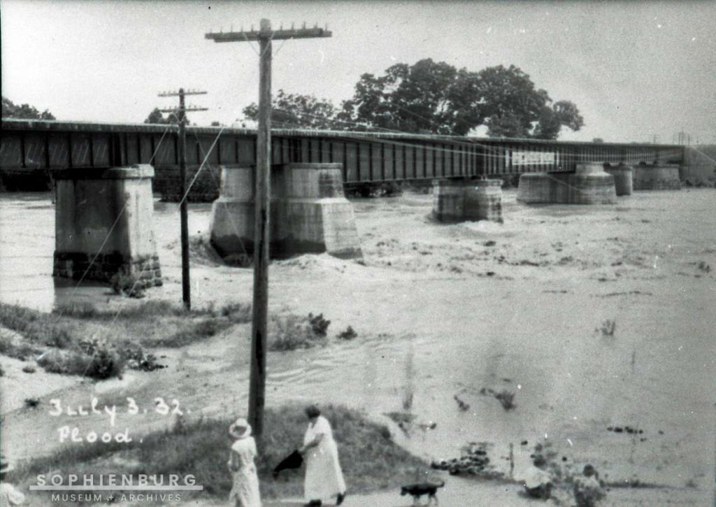 Train bridge across the Guadalupe River after July 3, 1932, flood.