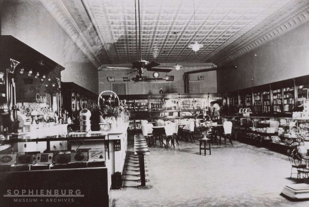 Photo Caption: Interior of Rudolph Richter’s Pharmacy. Mr. Richter made fireworks in his pharmacy for shows celebrating the 4th of July.