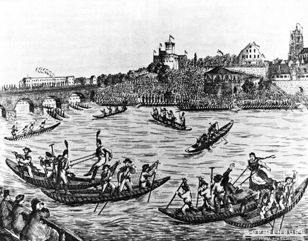 Caption: An 1865 depiction of the Ulm Fischerstechen on the Danube River, featuring competing gondolas with jousters and rowers.